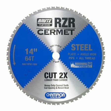 BRUTE PLATINUM 14in Brute RZR Cermet Tipped Circular Saw Blades for Steel, 64 Teeth, 1in Arbor CHA RZR-14-64-S